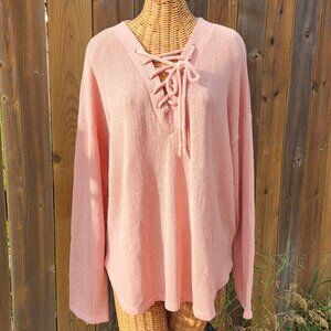 Sadie and Love pink Knit Sweater SZ. XL Lace up V Neck Made with Love in Cali.